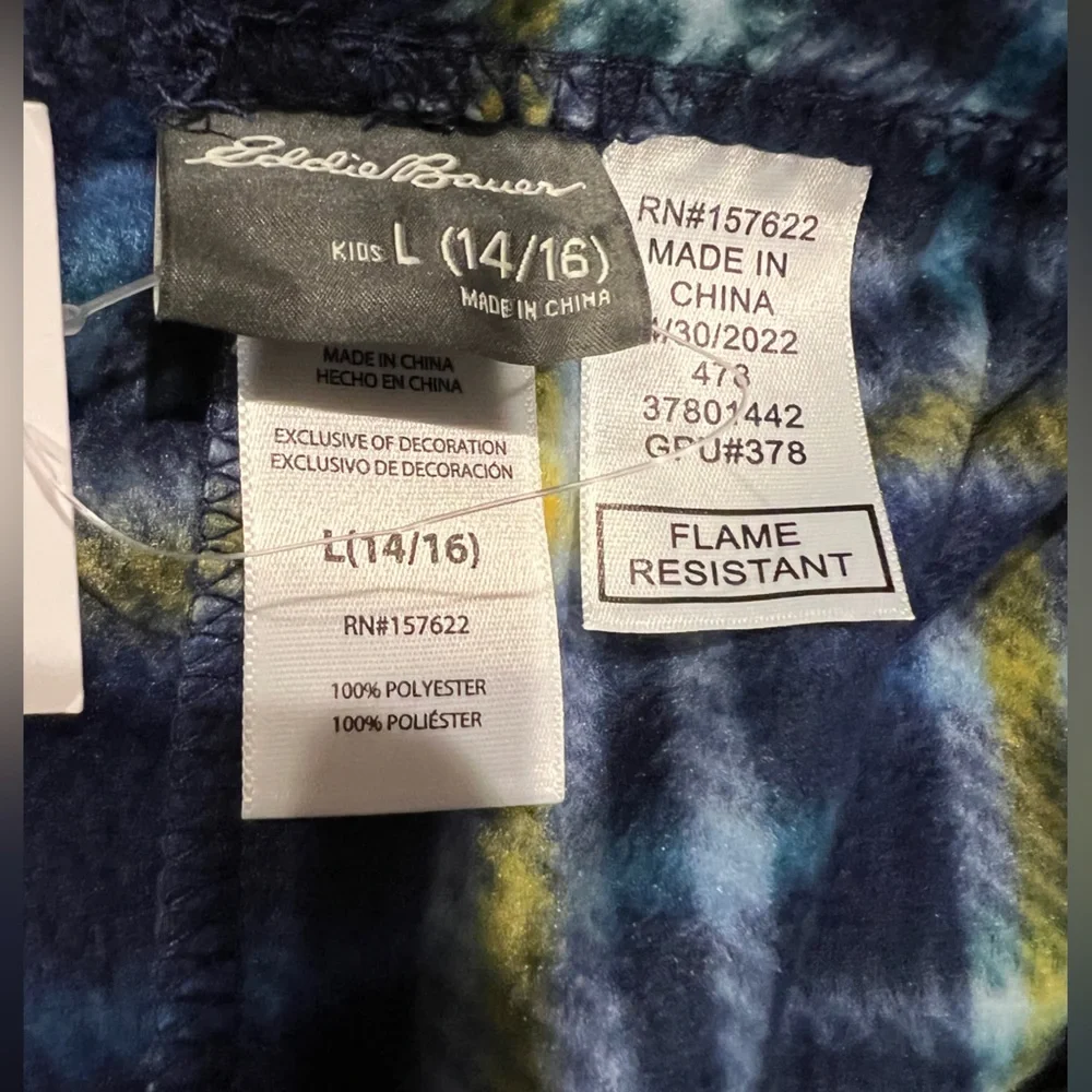 Eddie Bauer Blue Yellow Plaid Fleece Pants Youth 14 16 New Pajama Bottoms Lounge